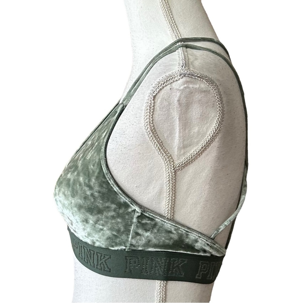 Victoria’s Secret PINK Triangle Cup Unlined Velvet Bralette Sz Small Moss Green - Picture 4 of 8